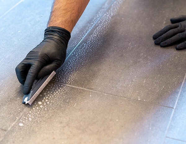 Close-up of a professional grout scrubbing on ceramic tiles flooring with a brush and gloves in San Pedro, CA.