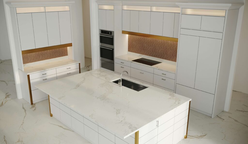 A modern kitchen in San Pedro with pristine marble countertops and flooring, featuring white cabinets and gold accents.