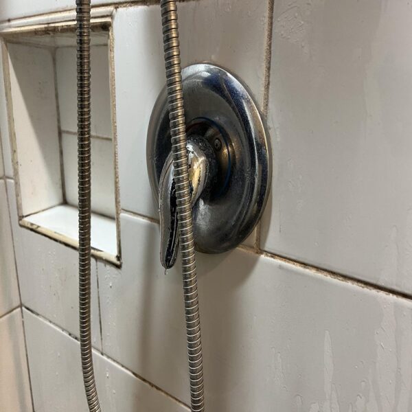 Shower faucet with visible mold buildup on grout lines and tiles before cleaning.