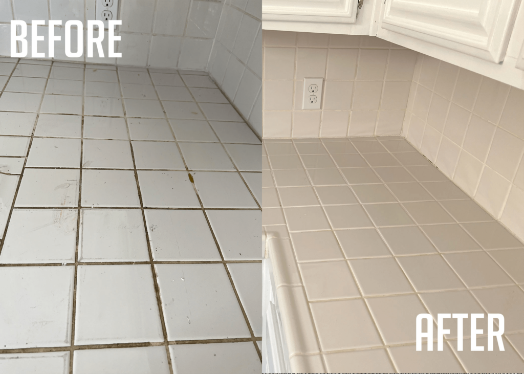 Side-by-side comparison of a kitchen countertop before and after professional tile and grout cleaning, showing restored white tiles and grout.