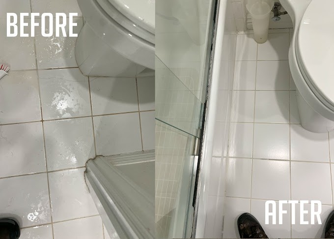 Before and after ceramic tile cleaning results in Torrance, CA bathroom