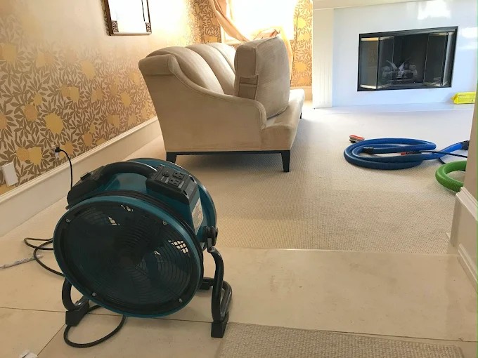Drying After Water Damage in San Pedro High-powered air mover drying carpet after flood in San Pedro living room