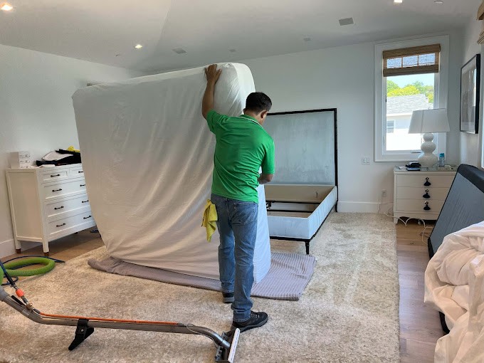 Technician performing carpet cleaning in a San Pedro home bedroom with eco-friendly equipment